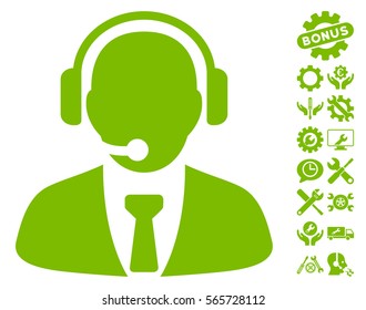Support Manager icon with bonus configuration graphic icons. Vector illustration style is flat iconic eco green symbols on white background.