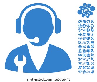 Support Manager icon with bonus configuration images. Vector illustration style is flat iconic cobalt symbols on white background.