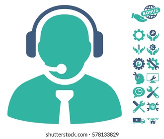 Support Manager icon with bonus configuration clip art. Vector illustration style is flat iconic cobalt and cyan symbols on white background.
