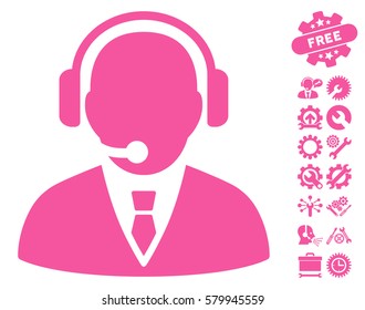 Support Manager icon with bonus configuration icon set. Vector illustration style is flat iconic pink symbols on white background.