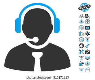 Support Manager icon with bonus copter tools pictograms. Vector illustration style is flat iconic blue and gray symbols on white background.