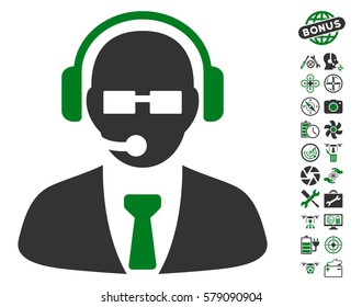 Support Manager icon with bonus copter service clip art. Vector illustration style is flat iconic green and gray symbols on white background.