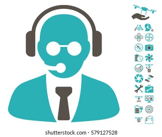 Support Manager icon with bonus copter service pictograms. Vector illustration style is flat iconic grey and cyan symbols on white background.