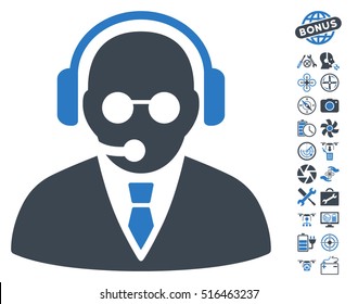 Support Manager icon with bonus drone tools symbols. Vector illustration style is flat iconic symbols on white background.