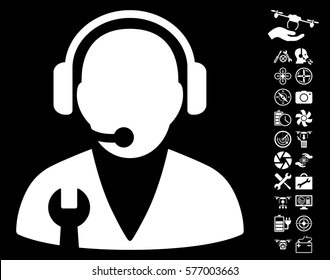 Support Manager icon with bonus drone tools graphic icons. Vector illustration style is flat iconic white symbols on black background.