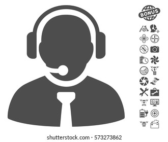 Support Manager icon with bonus flying drone service pictograms. Vector illustration style is flat iconic symbols on white background.
