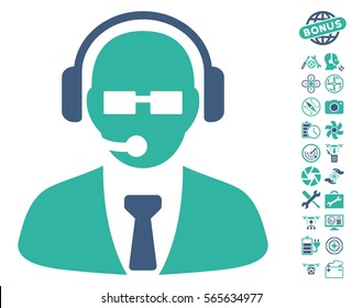 Support Manager icon with bonus nanocopter tools symbols. Vector illustration style is flat iconic cobalt and cyan symbols on white background.