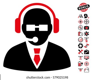Support Manager icon with bonus nanocopter tools pictures. Vector illustration style is flat iconic intensive red and black symbols on white background.