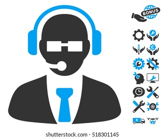 Support Manager icon with bonus options clip art. Vector illustration style is flat iconic blue and gray symbols on white background.