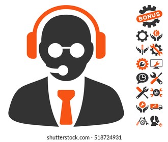 Support Manager icon with bonus options design elements. Vector illustration style is flat iconic orange and gray symbols on white background.