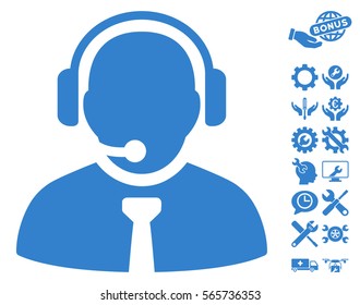 Support Manager icon with bonus options clip art. Vector illustration style is flat iconic cobalt symbols on white background.