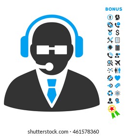 Support Manager icon with bonus pictograms. Vector style is bicolor flat iconic symbol with rounded angles, blue and gray colors, white background.