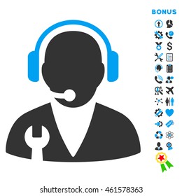 Support Manager icon with bonus pictograms. Vector style is bicolor flat iconic symbol with rounded angles, blue and gray colors, white background.