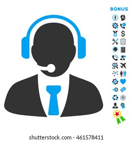 Support Manager icon with bonus pictograms. Vector style is bicolor flat iconic symbol with rounded angles, blue and gray colors, white background.