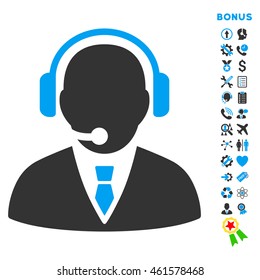 Support Manager icon with bonus pictograms. Vector style is bicolor flat iconic symbol with rounded angles, blue and gray colors, white background.