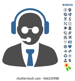 Support Manager icon with bonus pictograms. Vector style is bicolor flat iconic symbol with rounded angles, cobalt and gray colors, white background.