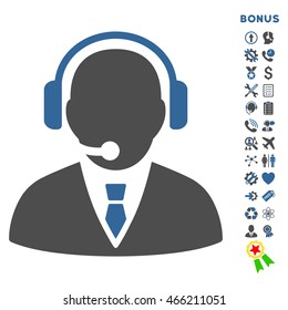 Support Manager icon with bonus pictograms. Vector style is bicolor flat iconic symbol with rounded angles, cobalt and gray colors, white background.