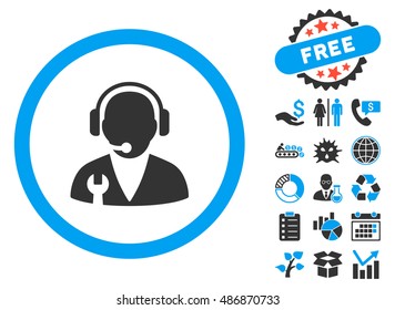Support Manager icon with bonus pictures. Vector illustration style is flat iconic bicolor symbols, blue and gray colors, white background.