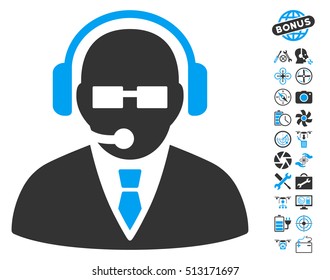 Support Manager icon with bonus quad copter tools graphic icons. Vector illustration style is flat iconic blue and gray symbols on white background.