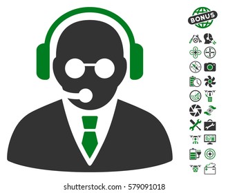 Support Manager icon with bonus quad copter service images. Vector illustration style is flat iconic green and gray symbols on white background.