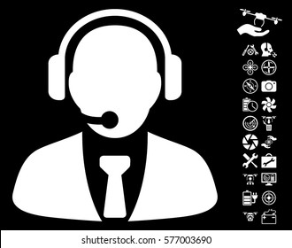 Support Manager icon with bonus quadrocopter service icon set. Vector illustration style is flat iconic white symbols on black background.