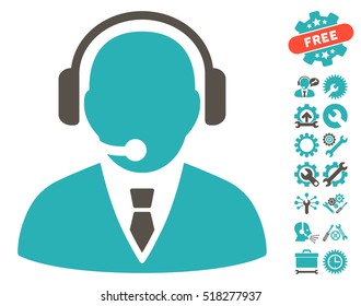 Support Manager icon with bonus service images. Vector illustration style is flat iconic grey and cyan symbols on white background.