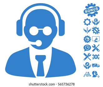 Support Manager icon with bonus service images. Vector illustration style is flat iconic cobalt symbols on white background.