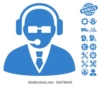 Support Manager icon with bonus service pictograph collection. Vector illustration style is flat iconic cobalt symbols on white background.