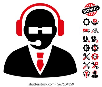 Support Manager icon with bonus service pictograms. Vector illustration style is flat iconic intensive red and black symbols on white background.