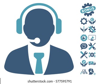 Support Manager icon with bonus service symbols. Vector illustration style is flat iconic cyan and blue symbols on white background.