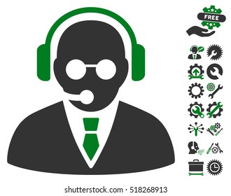 Support Manager icon with bonus settings design elements. Vector illustration style is flat iconic green and gray symbols on white background.
