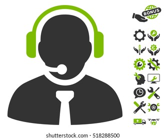 Support Manager icon with bonus settings symbols. Vector illustration style is flat iconic eco green and gray symbols on white background.