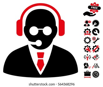 Support Manager icon with bonus settings clip art. Vector illustration style is flat iconic intensive red and black symbols on white background.