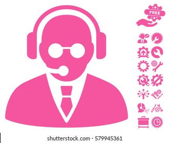 Support Manager icon with bonus settings pictures. Vector illustration style is flat iconic pink symbols on white background.