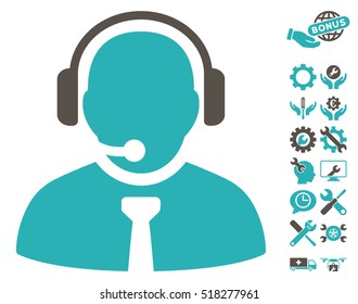 Support Manager icon with bonus setup tools symbols. Vector illustration style is flat iconic grey and cyan symbols on white background.