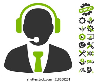 Support Manager icon with bonus setup tools pictures. Vector illustration style is flat iconic eco green and gray symbols on white background.