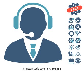 Support Manager icon with bonus setup tools graphic icons. Vector illustration style is flat iconic cyan and blue symbols on white background.