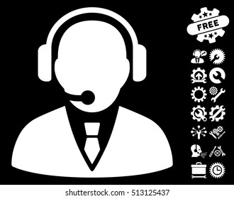 Support Manager icon with bonus tools pictograms. Vector illustration style is flat iconic white symbols on black background.