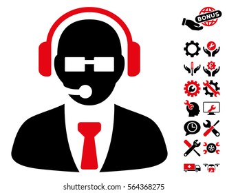 Support Manager icon with bonus tools pictograms. Vector illustration style is flat iconic intensive red and black symbols on white background.