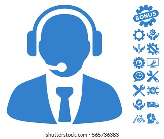 Support Manager icon with bonus tools graphic icons. Vector illustration style is flat iconic cobalt symbols on white background.