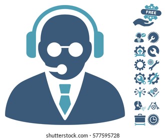 Support Manager icon with bonus tools pictograph collection. Vector illustration style is flat iconic cyan and blue symbols on white background.