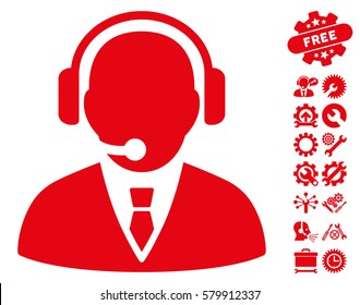 Support Manager icon with bonus tools pictograms. Vector illustration style is flat iconic red symbols on white background.