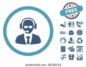 Support Manager icon with free bonus pictures. Vector illustration style is flat iconic bicolor symbols, cyan and blue colors, white background.