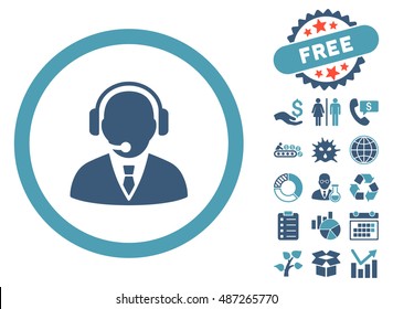Support Manager icon with free bonus clip art. Vector illustration style is flat iconic bicolor symbols, cyan and blue colors, white background.