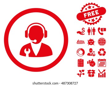 Support Manager icon with free bonus clip art. Vector illustration style is flat iconic symbols, red color, white background.