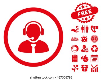 Support Manager icon with free bonus icon set. Vector illustration style is flat iconic symbols, red color, white background.