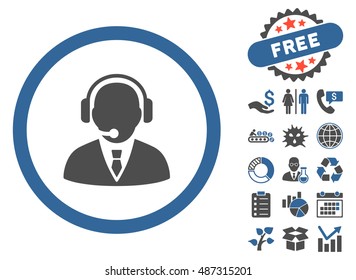 Support Manager icon with free bonus elements. Vector illustration style is flat iconic bicolor symbols, cobalt and gray colors, white background.