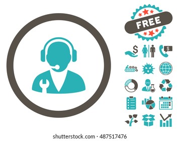 Support Manager icon with free bonus pictograph collection. Vector illustration style is flat iconic bicolor symbols, grey and cyan colors, white background.