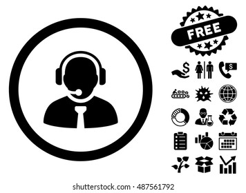 Support Manager icon with free bonus design elements. Vector illustration style is flat iconic symbols, black color, white background.