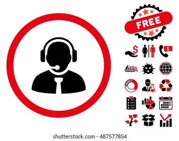 Support Manager icon with free bonus design elements. Vector illustration style is flat iconic bicolor symbols, intensive red and black colors, white background.